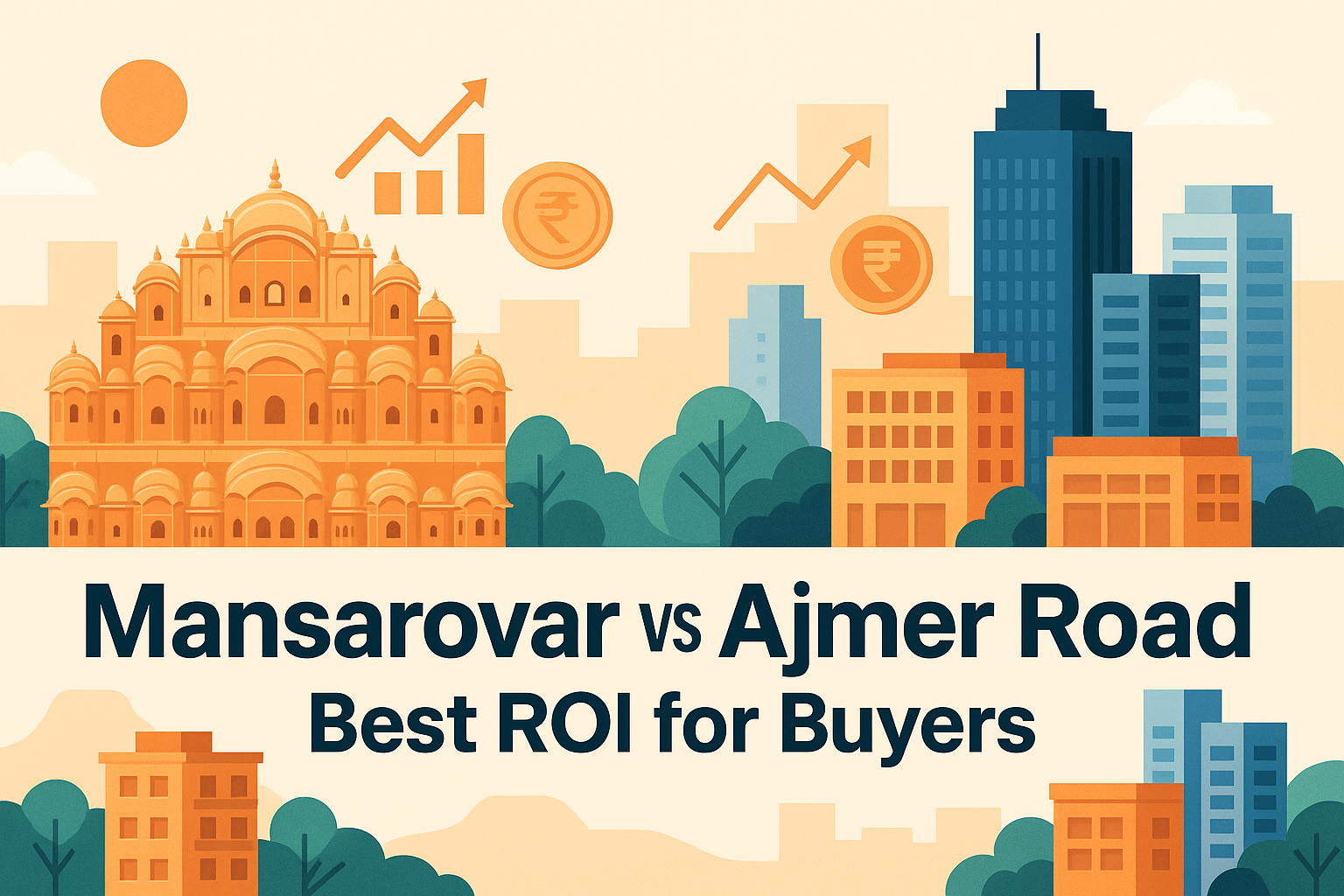 Illustration comparing Mansarovar and Ajmer Road real estate in Jaipur, showing Hawa Mahal on the left and modern high-rise buildings on the right, with financial growth icons and trees, highlighting ROI opportunities for property buyers.