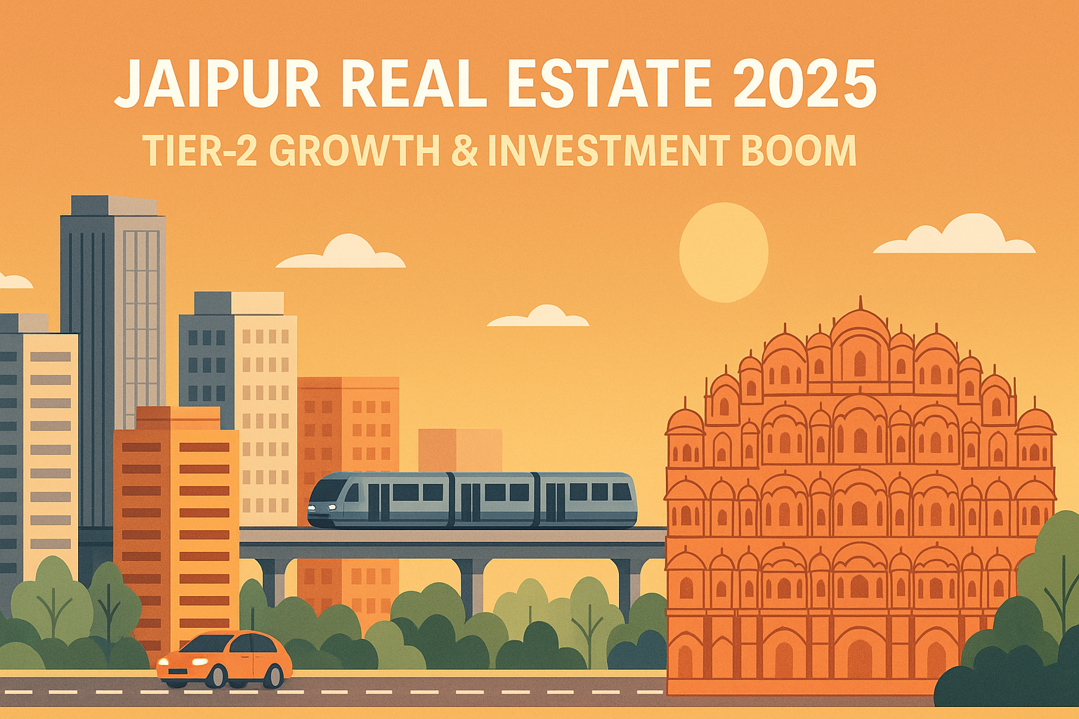 Digital illustration of Jaipur in 2025 showing Hawa Mahal, metro train, modern high-rise buildings, and urban infrastructure, highlighting tier-2 real estate growth and investment boom.